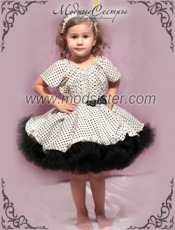 Платье "Белое черным мелким горохом" с черной пачкой Арт.348